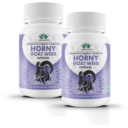 Pushpveda Horney Goat Weed Extract With Maca Root For Men And Women Vegetarian  Capsules (120 Capsules, Pack of 2)
