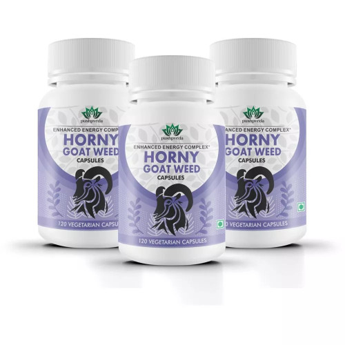 Pushpveda Horney Goat Weed Extract With Maca Root For Men And Women Vegetarian  Capsules (120 Capsules, Pack of 3)