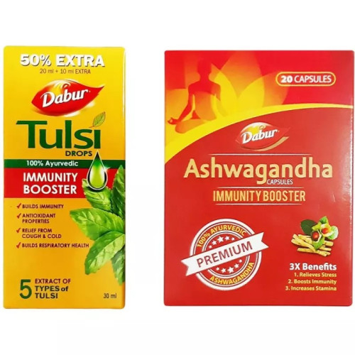 Dabur Tulsi Drops + Ashwaganda  Capsules Immunity Booster (Drop 30ml + 60  Capsules) (1Pack)