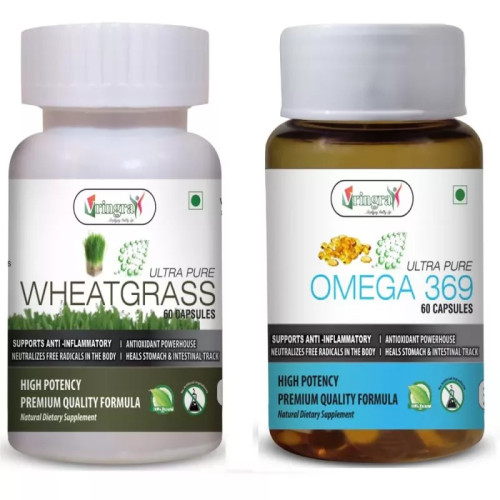 Vringra Wheatgrass Powder  Capsules + Omega 369  Capsules (Each 60 Capsules) (1Pack)