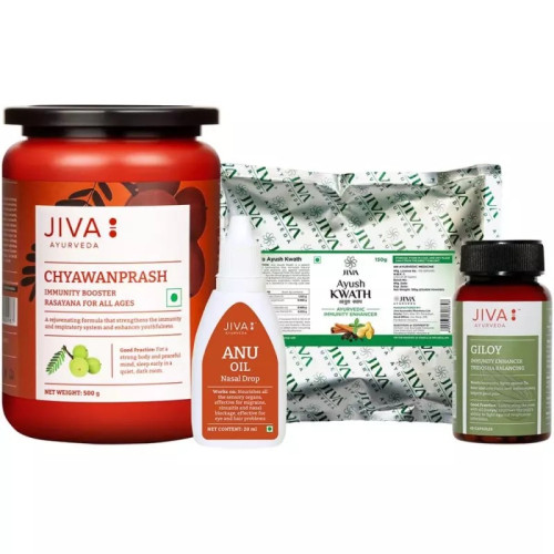 Jiva Ayurveda Immunity Boost Kit (Ayush Kwath 150g + Chyawanprasha 500g + Anu Oil 20ml + Giloy  Capsules 60Cap) (1Pack)