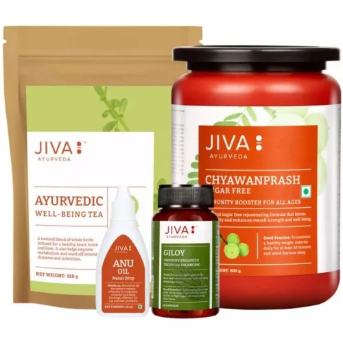 Jiva Ayurveda Immunity Boost Kit (Ayurvedic Tea 150g + Chyawanprasha 500g + Anu Oil 20ml + Giloy  Capsules 60Cap) (1Pack)
