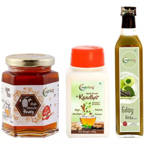 Nutriorg Ayush Kwath Kaadha + Giloy Amla Juice + Certified Organic High Altitude Honey Combo (150g+500ml+250g) (1Pack)