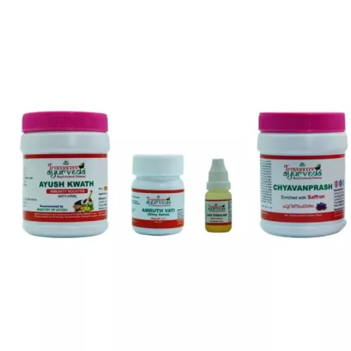 Travancore Ayurveda Chyawanprash + Amruth Vati  Tablets + Anu Thailam Drops + Ayush Kwath Powder (350g + 60 Tablets + 10ml + 100g) (1Pack)