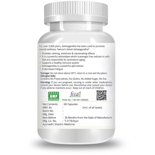Natures Velvet Ashwagandha Pure Extract 500Mg Veggie  Capsules (60 Capsules)