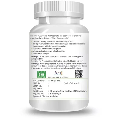 Natures Velvet Ashwagandha Pure Extract 500Mg Veggie  Capsules (60 Capsules)