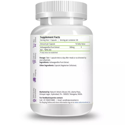 Natures Velvet Ashwagandha Pure Extract 500Mg Veggie  Capsules (60 Capsules)