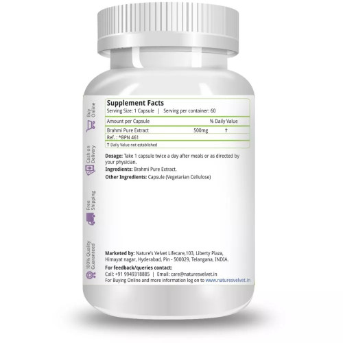 Natures Velvet Brahmi Pure Extract 500Mg Veggie  Capsules (60 Capsules)