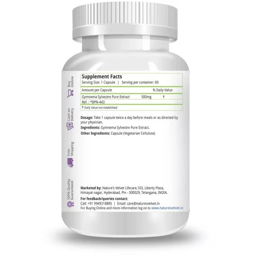 Natures Velvet Gymnema Sylvestre Pure Extract 500Mg Veggie  Capsules (60 Capsules)