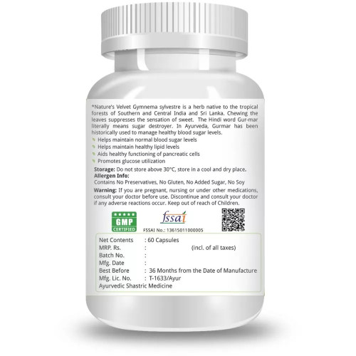 Natures Velvet Gymnema Sylvestre Pure Extract 500Mg Veggie  Capsules (60 Capsules)