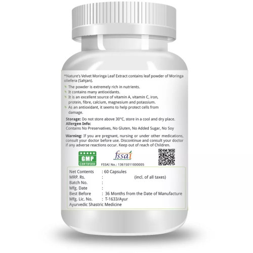 Natures Velvet Moringa Leaf Extract 500Mg Veggie  Capsules (60 Capsules)