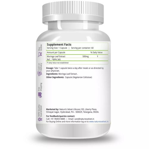 Natures Velvet Moringa Leaf Extract 500Mg Veggie  Capsules (60 Capsules)
