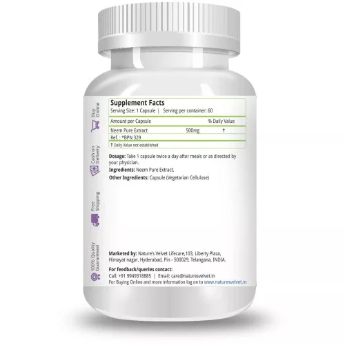 Natures Velvet Neem Pure Extract 500Mg Veggie  Capsules (60 Capsules)