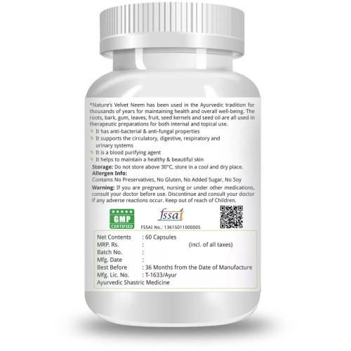 Natures Velvet Neem Pure Extract 500Mg Veggie  Capsules (60 Capsules)