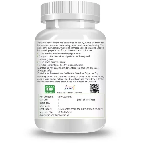 Natures Velvet Neem Pure Extract 500Mg Veggie  Capsules (60 Capsules)