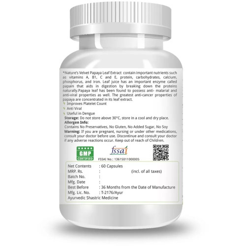 Natures Velvet Papaya Leaf Extract 500Mg Veggie  Capsules (60 Capsules)