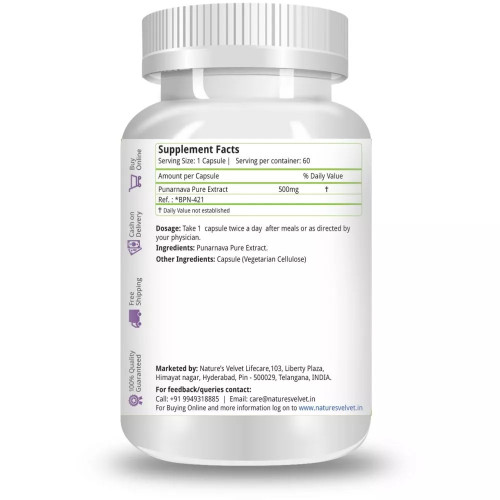 Natures Velvet Punarnava Pure Extract 500Mg Veggie  Capsules (60 Capsules)