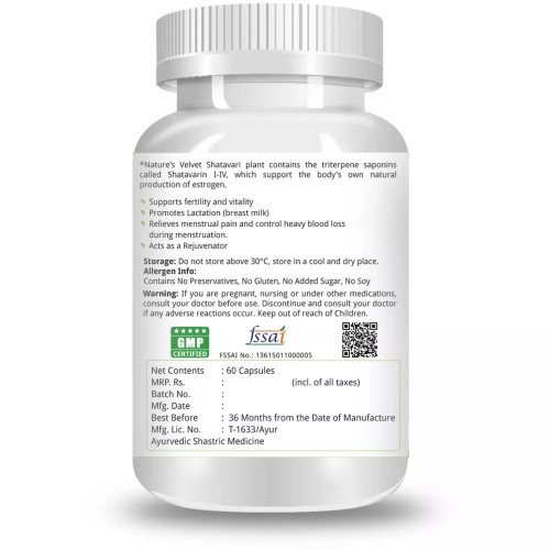 Natures Velvet Shatavari Pure Extract 500Mg Veggie  Capsules (60 Capsules)