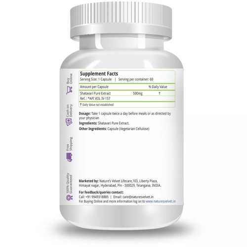Natures Velvet Shatavari Pure Extract 500Mg Veggie  Capsules (60 Capsules)