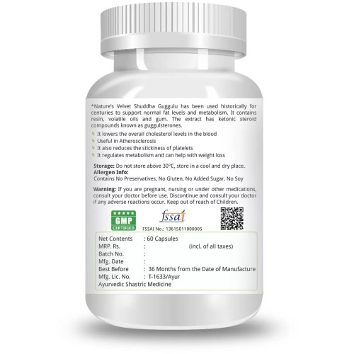 Natures Velvet Shuddha Guggulu Pure Extract 500Mg Veggie  Capsules (60 Capsules)