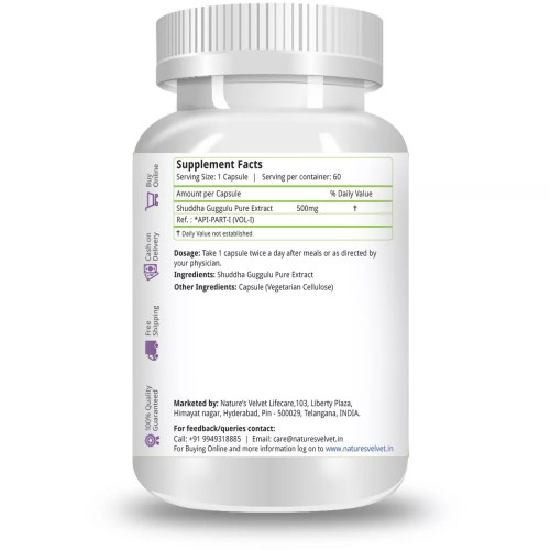 Natures Velvet Shuddha Guggulu Pure Extract 500Mg Veggie  Capsules (60 Capsules)