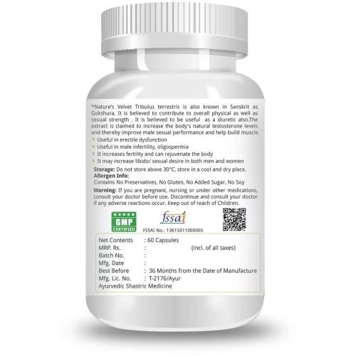 Natures Velvet Tribulus Gokshura Gokhura Pure Extract 500Mg Veggie  Capsules (60 Capsules)