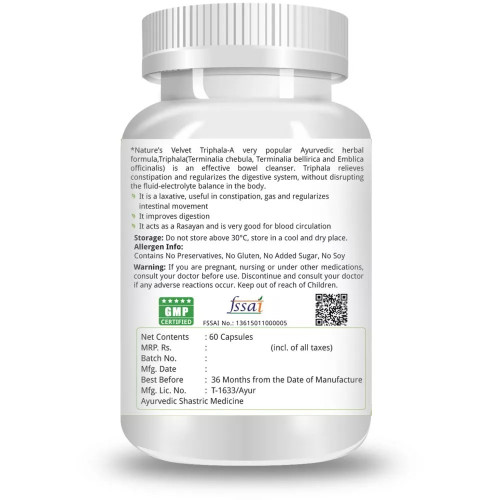 Natures Velvet Triphala Pure Extract 500Mg Veggie  Capsules (60 Capsules)