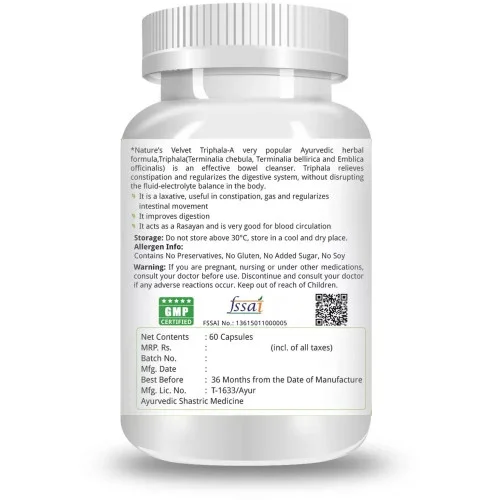 Natures Velvet Triphala Pure Extract 500Mg Veggie  Capsules (60 Capsules)