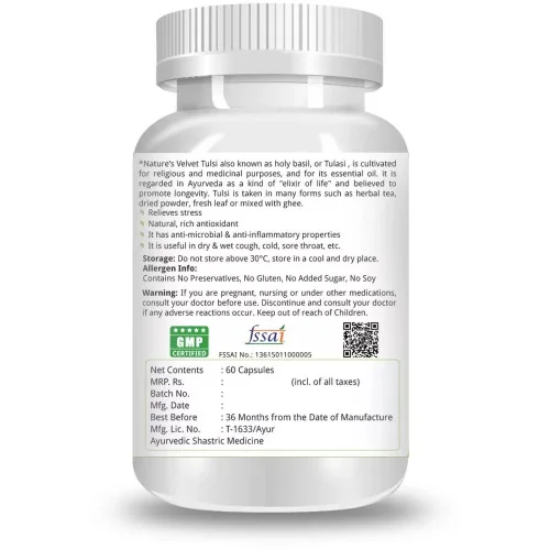 Natures Velvet Tulsi Pure Extract 500Mg Veggie  Capsules (60 Capsules)