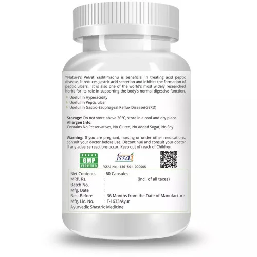 Natures Velvet Yashtimadhu Pure Extract 500Mg Veggie  Capsules (60 Capsules)