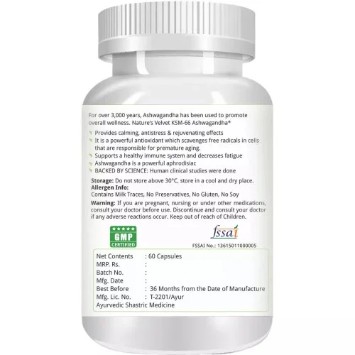 Natures Velvet Ksm-66 Ashwagandha 500Mg Veggie  Capsules (60 Capsules)