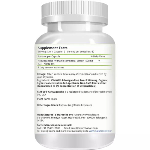 Natures Velvet Ksm-66 Ashwagandha 500Mg Veggie  Capsules (60 Capsules)