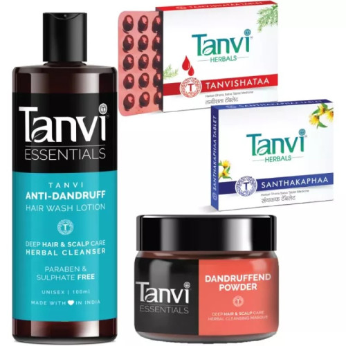 Tanvi Herbals Tanvishataa  Tablets + Santhakaphaa  Tablets + Anti Dandruff Hair Wash Lotion + Dandruffend Powder (Each 30 Tablet + Lotion 100ml + Powder 40g) (1Pack)