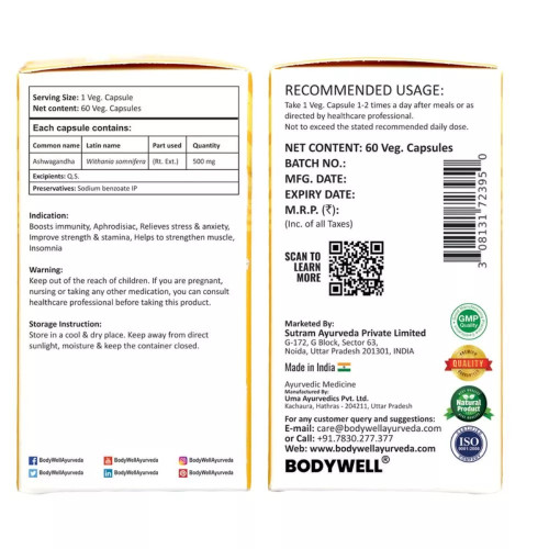 Bodywell Ashwagandha Pure Extract 500Mg  Capsulesule (60 Capsules, Pack of 2)