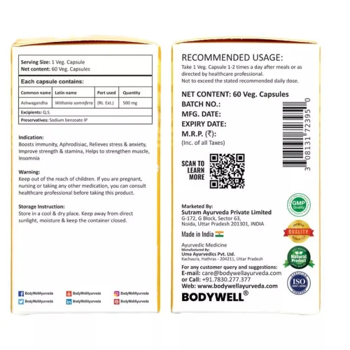Bodywell Ashwagandha Pure Extract 500Mg  Capsulesule (60 Capsules, Pack of 2)