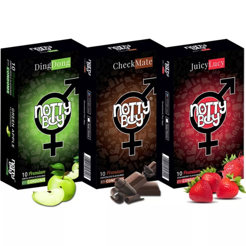 NottyBoy Ding Dong Green Apple + Check Mate Chocolate + Juicy Lucy Strawberry Flavoured Condoms (Each 10pcs) (1Pack)