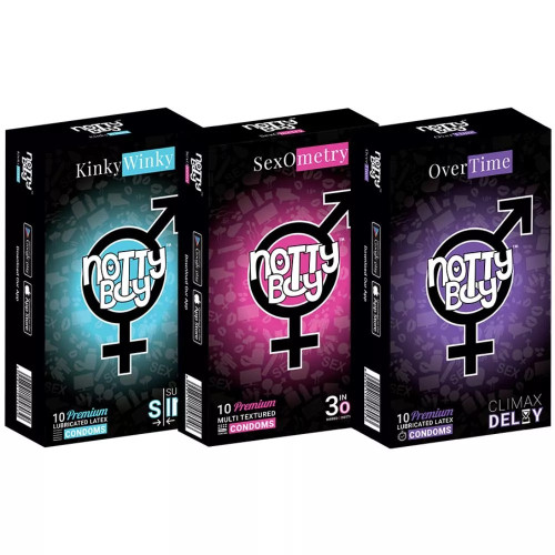 NottyBoy Kinky Winky Lubricated Latex + Sexometry Multi Textured + Over Time Lubricated Latex Condoms (Each 10 Pcs) (1Pack)