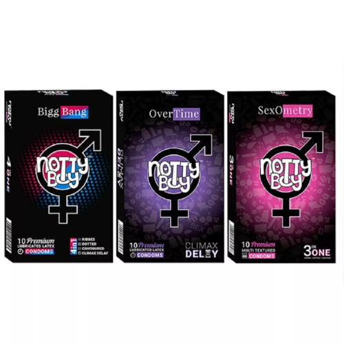 NottyBoy Bigg Bang Lubricated Latex + Over Time Lubricated Latex + Sexometry Multi Textured Condoms (Each 10 Pcs) (1Pack)