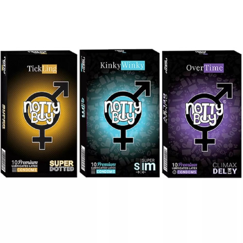 NottyBoy Tick Ling Lubricated Latex + Kinkywinky Super Slim Lubricated Latex + Over Time Lubricated Latex Condoms (Each 10 Pcs) (1Pack)
