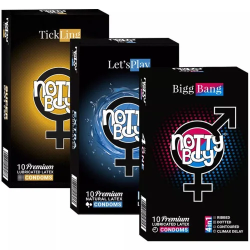 NottyBoy Tick Ling Lubricated Latex + Let's Play Natural Latex + Bigg Bang Lubricated Latex Condoms (Each 10 Pcs) (1Pack)