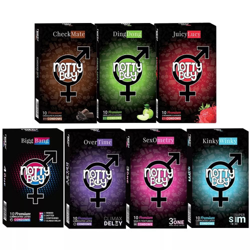 NottyBoy Honeymoon Package Condoms Combo Pack (7 Boxes Each 10Pcs) (1Pack)