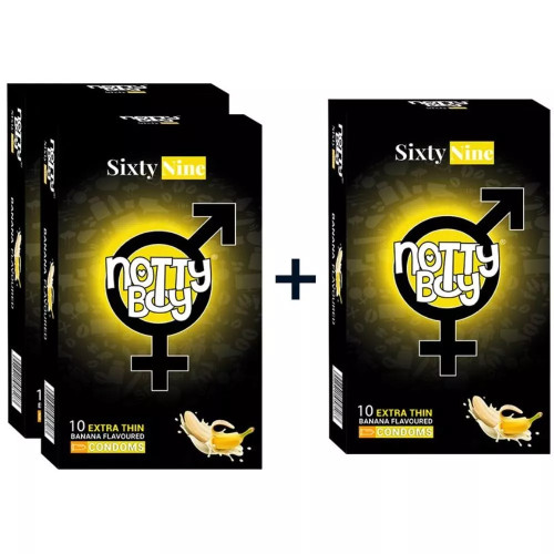 NottyBoy Sixtynine Extra Thin Banana Flavour Condoms (10pcs, Pack of 3)