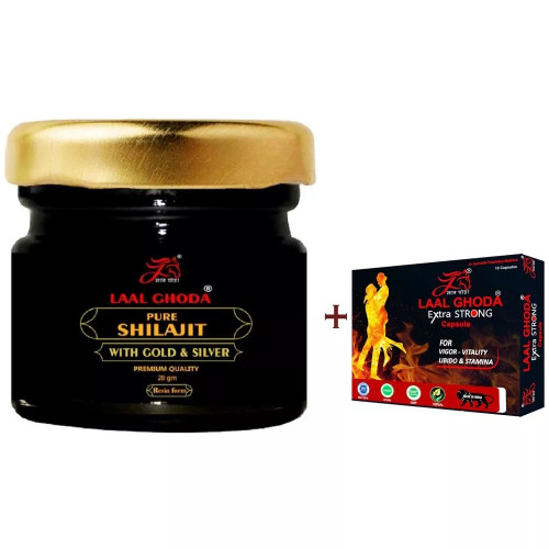 Laal Ghoda Pure Shilajit With Gold & Silver + Extra Strong  Capsules (20g + 10Cap) (1Pack)