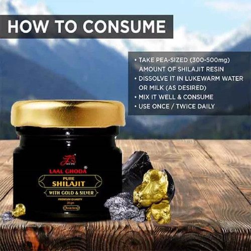 Laal Ghoda Pure Shilajit With Gold & Silver + Extra Strong  Capsules (20g + 10Cap) (1Pack)