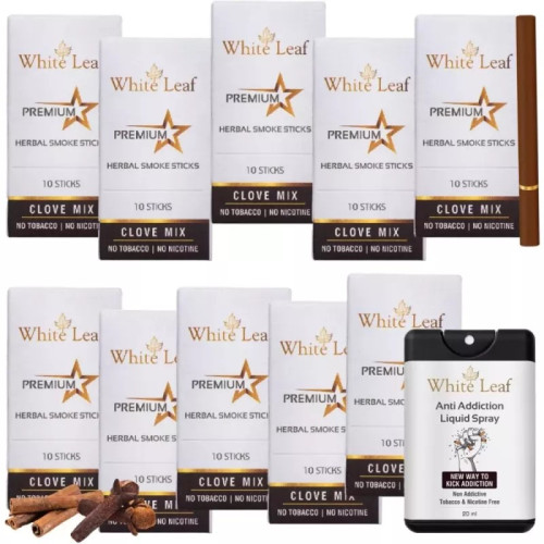 White Leaf Herbal Cigarettes Clove Mix + Anti Addiction Liquid Spray (10 Boxes Each 10Sticks + Spray 20ml) (1Pack)