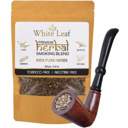 White Leaf Herbal Smoking Blend (100g) & 1 Wooden Horn Pipe Combo (1Pack)