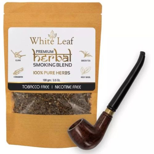 White Leaf Herbal Smoking Blend (100g) & 1 Wooden Pipe Combo (1Pack)