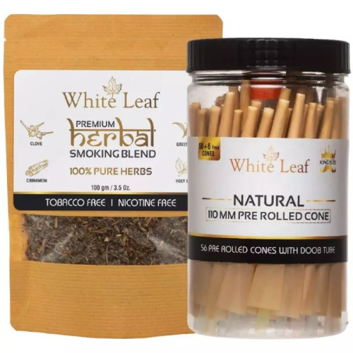 White Leaf Herbal Smoking Blend (100g) & 110 MM Pre Rolled Cone With Doob Tube 56pcs Combo (1Pack)