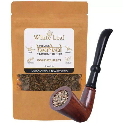 White Leaf Herbal Smoking Blend (30g) & 1 Wooden Horn Pipe Combo (1Pack)
