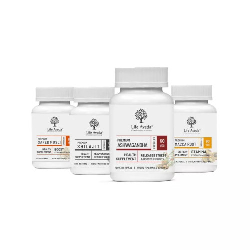 Life Aveda Premium Safed Musli + Shilajit + Ashwagandha + Macca Root Combo (60  Capsules each) (1Pack)